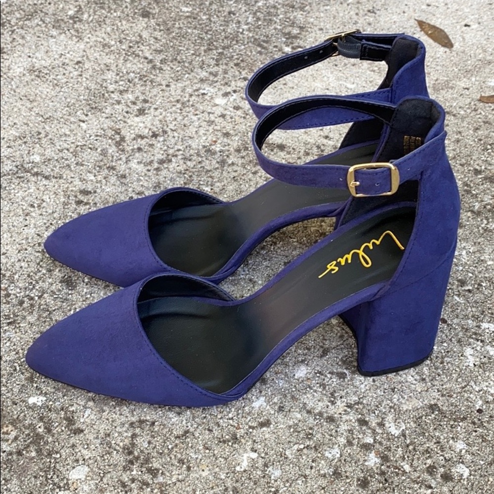 Navy suede ankle strap heels
